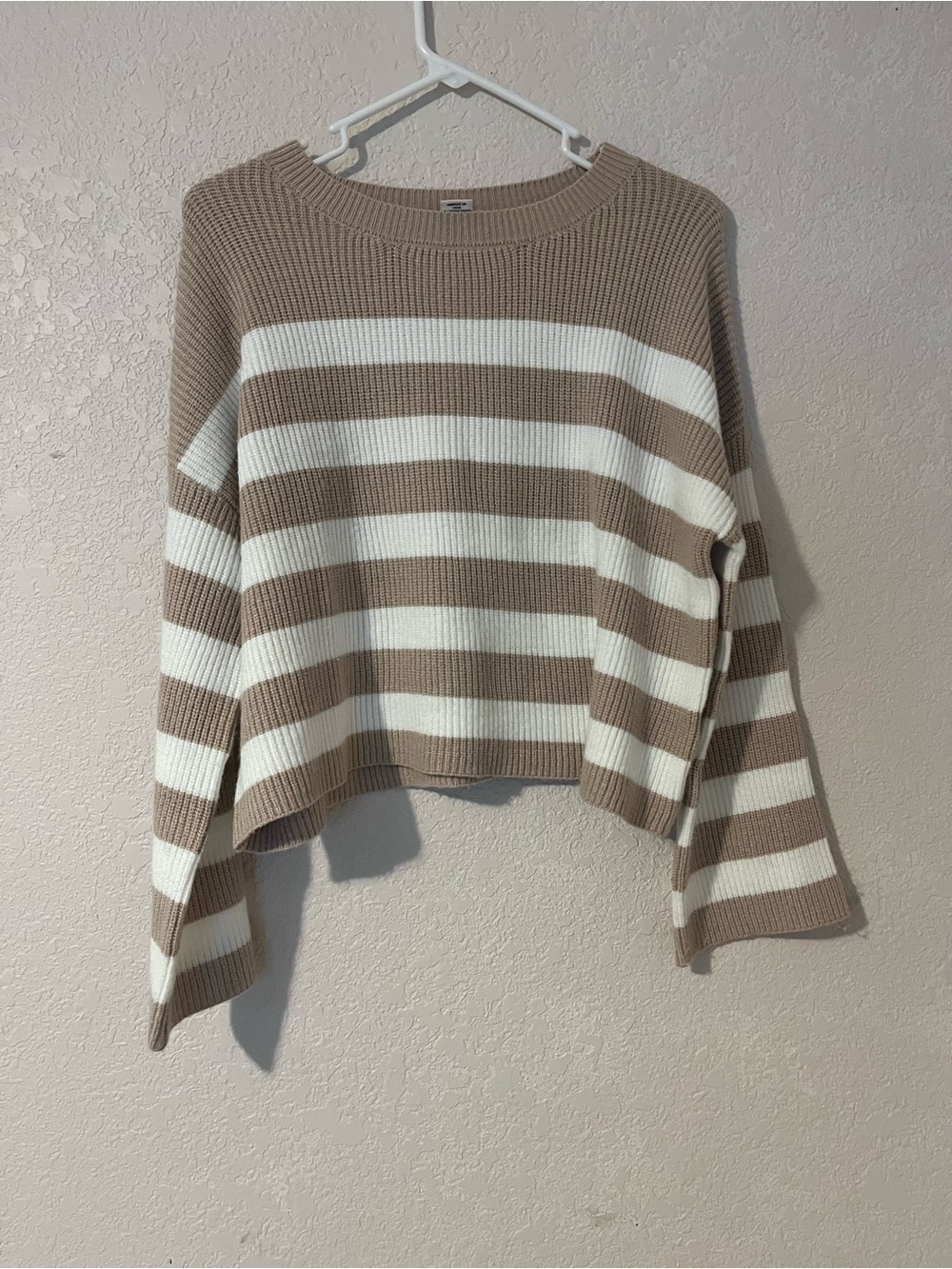 Sincerely Jules Taupe and White Striped Cropped Crewneck Sweater